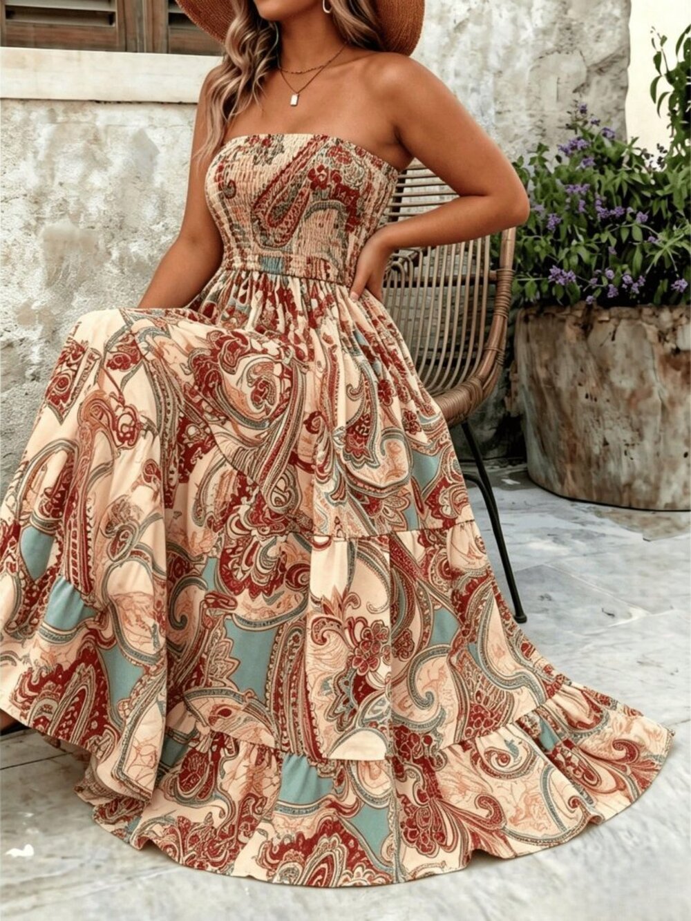 Apricot Boho Women's Plus Size Strapless Maxi Floral Dress - Picture 1 of 6